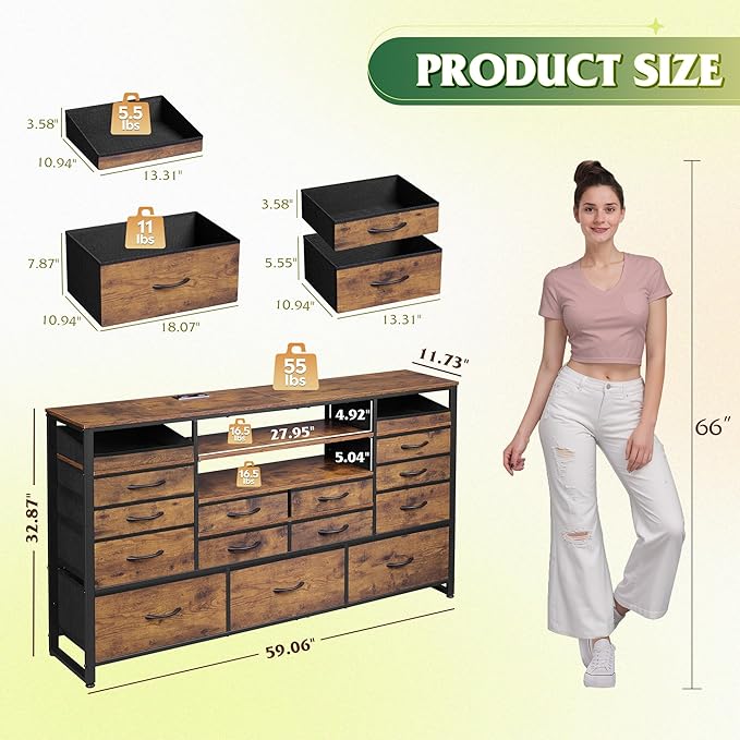 WLIVE TV Stand for 55, 60, 65 inch TV, Entertainment Center with LED Lights & Charging Station, TV Media Console Table with 15 Fabric Drawers and Open Shelves for Living Room, Hallway, Rustic Brown