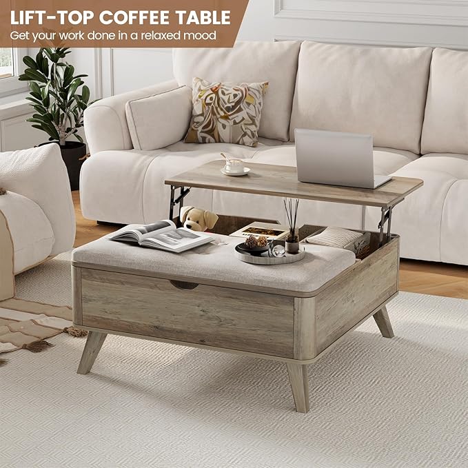 VOPEAK Lift Top Coffee Table with Storage, Large Square Coffee Table with Thickened Cushion, Family Gathering Center Table, Modern Wooden Coffee Tables for Living Room, Solid Wood Legs, Gray