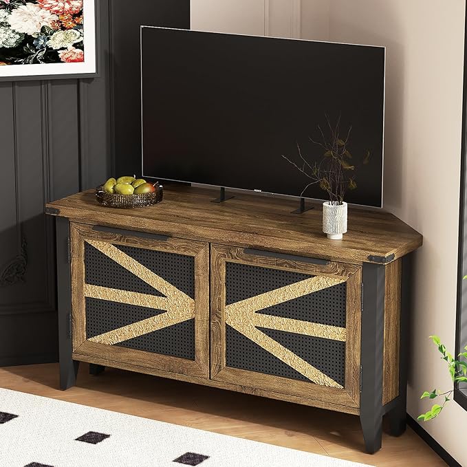 VFK Farmhouse Corner TV Stand for 50 Inch TV, Rustic Entertainment Center with Storage, Space-Saving Media Console Table for Living Room & Bedroom