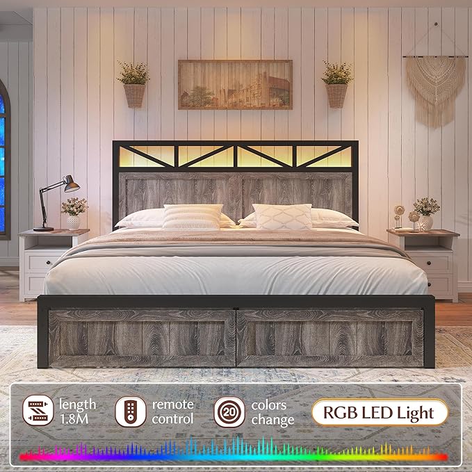 EnHomee Full Size Bed Frame with 2 Storage Drawers and Headboard Full Bed Frame with Built in Charging Station & LED Light,NO Noise,No Box Spring Needed,Light Grey