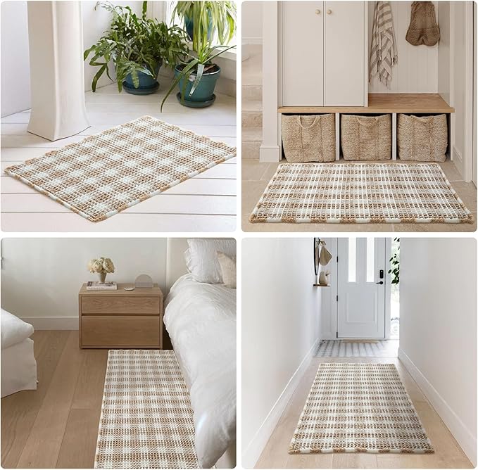 Waffle Bath Mat, Boho Bathroom Rugs Non Slip Washable Absorbent Checkered Bathroom Mat Quick Dry Farmhouse Bathroom Decor, 36"x24" Khaki and White