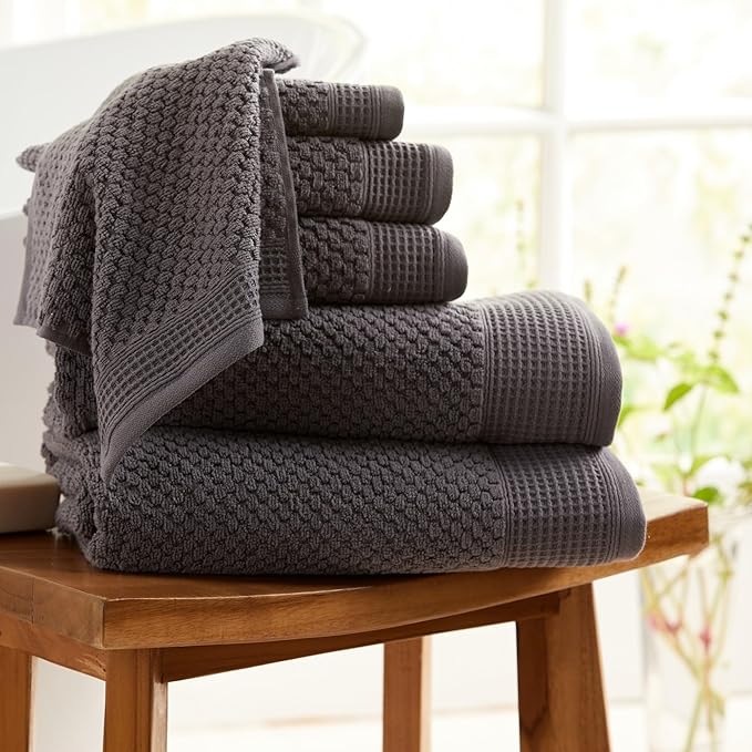 100% Cotton Waffle Textured 6 Piece Towel Set| Super Soft Quick Dry Bath Towels | Decorative Towels for Bathroom | 2 Bath Towels, 2 Hand Towels, 2 Washcloths | Belle Collection (Charcoal)