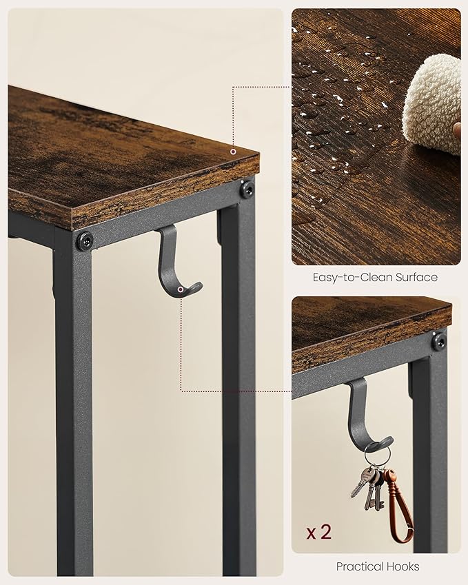 VASAGLE Set of 2 Console Tables with Power Outlets, Slim Behind Couch Sofa Tables, 5.9 x 39.4 x 31.5 Inches, 2 Hooks, Easy Assembly, for Entryway, Living Room, Rustic Brown and Ink Black ULNT078K01