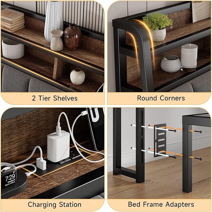 Ergonomic Headboard for Queen Size Bed with 2-Tier Storage, Upholstered Headboards with Outlets, USB Ports, LED Light, Queen Head Board Only, Height Adjustable, Sturdy and Stable, Black & Brown