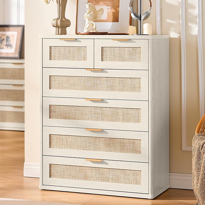 LEYAOYAO White Dresser for Bedroom Set of 2, 41" Tall Chest of Drawers, Modern 6 Drawers Boho Rattan Dressers with Storage, Dresser Wooden Closet Organizer for Living Room, Hallway
