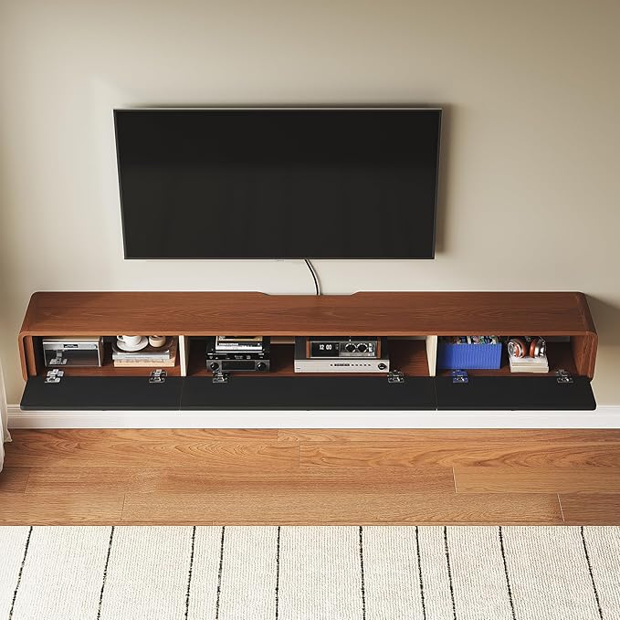 Minimalist 70'' Floating TV Stand with 3 Doors,Solid Wood Wall Mounted TV Console,Floating Entertainment Center with Hidden Storage,Curved Round Edges,Natural Wood Finish(Walnut)