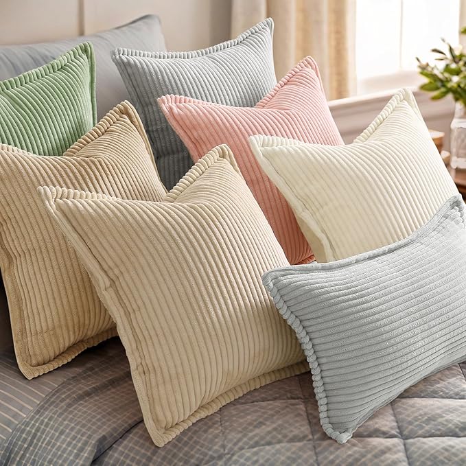 decorUhome Corduroy Pink Throw Pillow Covers 12x20 Set of 2 Decorative Soft Boho Striped Lumbar Neutral Euro Farmhouse Couch Pillow Covers with Broadside for Living Room Bed Sofa
