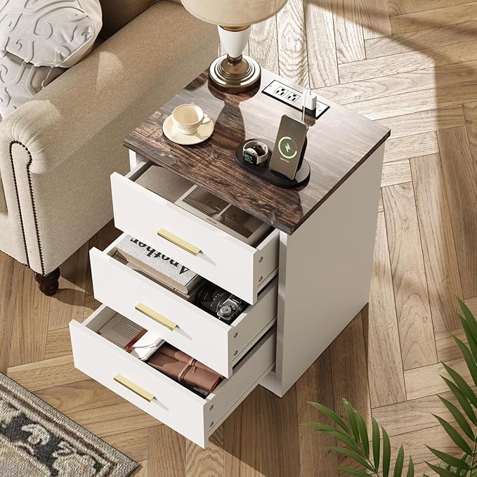 LIDYUK White Dresser for Bedroom, 3 Drawer Dressers & Chest of Drawers, Modern Wood Dresser with Charging Station, End Table Nightstand Bedside Table for Bedroom, Living Room
