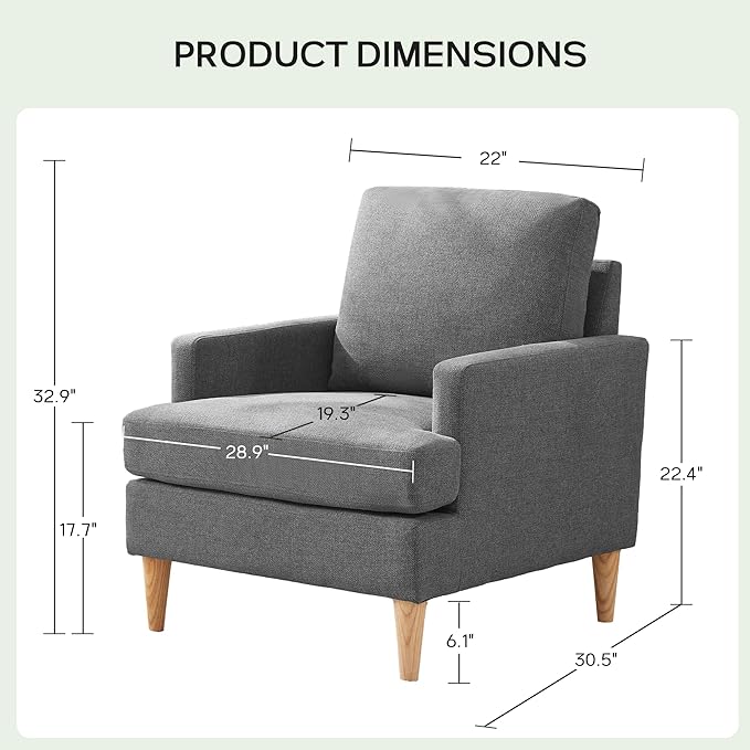 VKNOW Mid-Century Accent Chair, Modern Upholstered Chenille Armchair for Living Room,Comfy Reading Accent Chairs with Wood Legs for Bedroom, Dark Grey Polyester