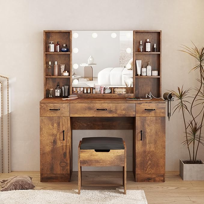 Makeup Vanity Table with Lighted Mirror & Outlets, Large Vanity Set Vanity Desk with Lots of Storage, 3 Lighting Modes, Brightness Adjustable, 45inch