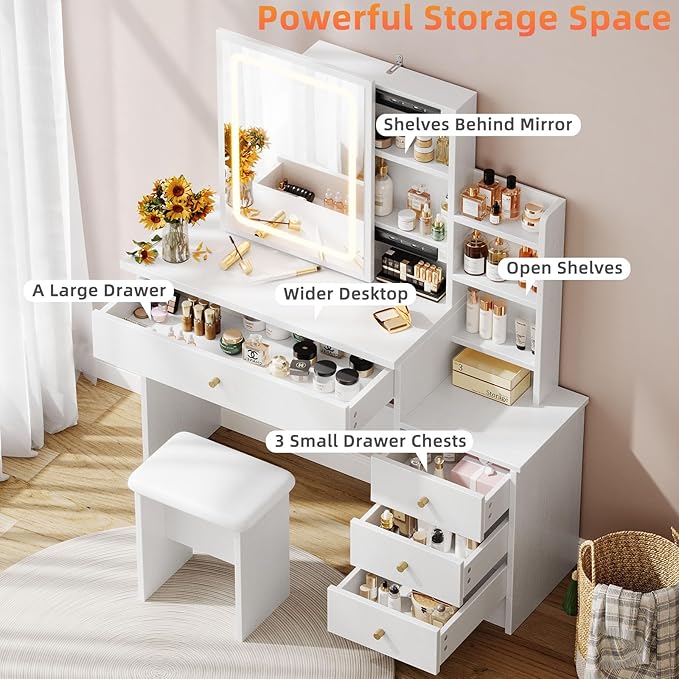 Vanity Desk with Mirror and Lights, Makeup Vanity with 3 Adjustable Lighting Modes, Small Vanity Desk with Sliding Mirror, 4 Drawers, 7 Shelves, Vanity Chair for Bedroom White