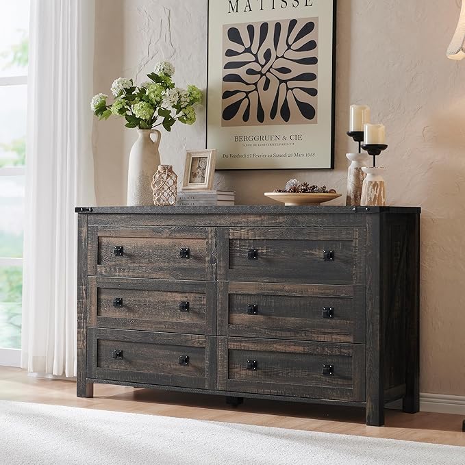 RedLemon Farmhouse 6 Drawer Dresser for Bedroom, 54 Inch Wide Rustic Wood Dresser TV Stand, Dresser Chest of Drawers for Closet, Living Room, Hallway, Dark Rustic Oak