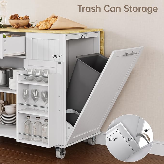 Rolling Kitchen Island with Drop Leaf, Kitchen Island Cart on Wheels with 43.3" W Top, Portable Kitchen Cart with Trash Can Storage, Kitchen Islands with Storage for Small Space, White
