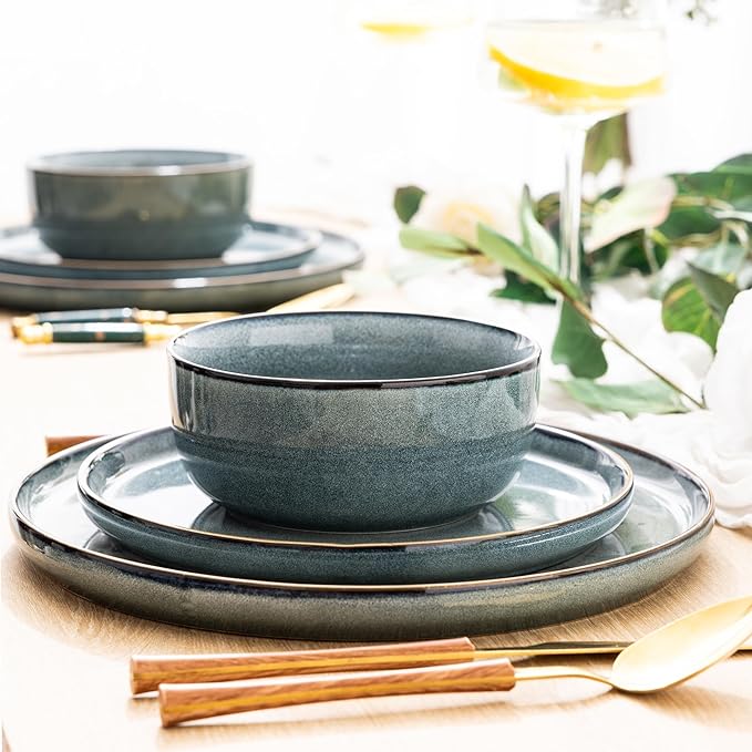 GBHOME Ceramic Dinnerware Sets for 8, 24 Pieces Stoneware Plates and Bowls Sets, Scratch Resistant Dishes, Dishwasher & Microwave Safe, Reactive Glaze-Space