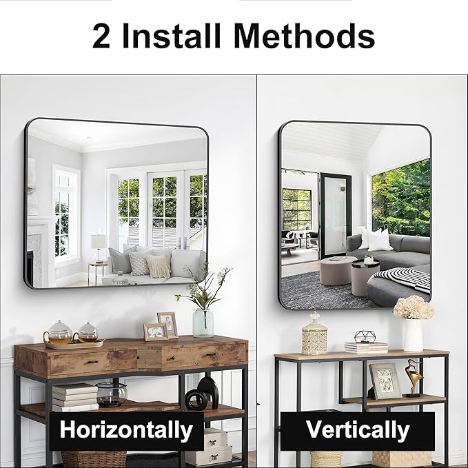 Bathroom Mirror, 36 x 30 inch Metal Framed Black Rectangle Mirror, Rounded Corner Rectangular Vanity Mirror, Wall Mounted Mirror for Modern Bedroom Living Room Hangs Horizontal or Vertical