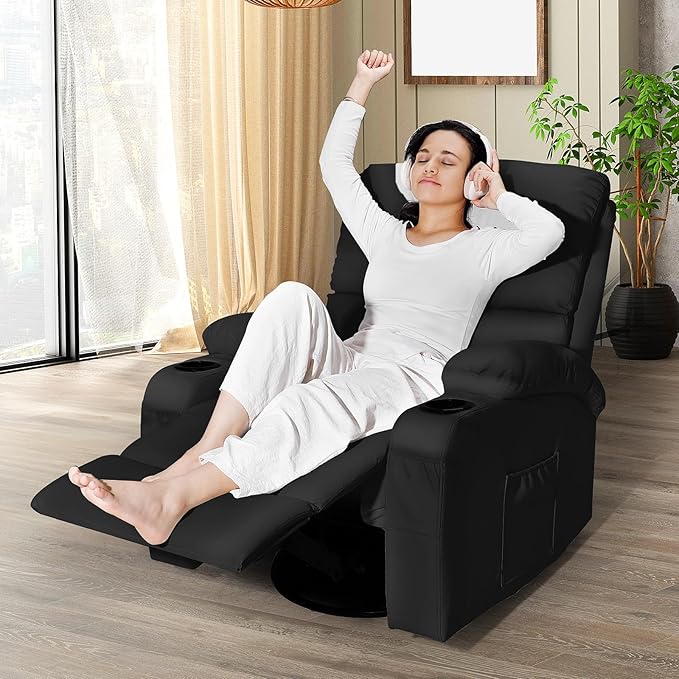 Rocking Recliner Chair, Massage Rocker Recliner Chair with Vibration Massage and Heat, USB and Type-C Ports,360° Swivel Faux Leather Chairs, Living Room, Bedroom, Nursery, RV, Black