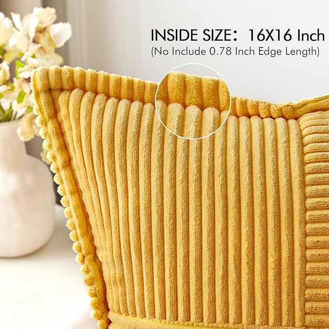 MIULEE Golden Yellow Corduroy Pillow Covers 16x16 Inch with Splicing Set of 2 Soft Boho Striped Pillow Covers Broadside Decorative Textured Summer Pillowcases for Couch Cushion Bed Livingroom