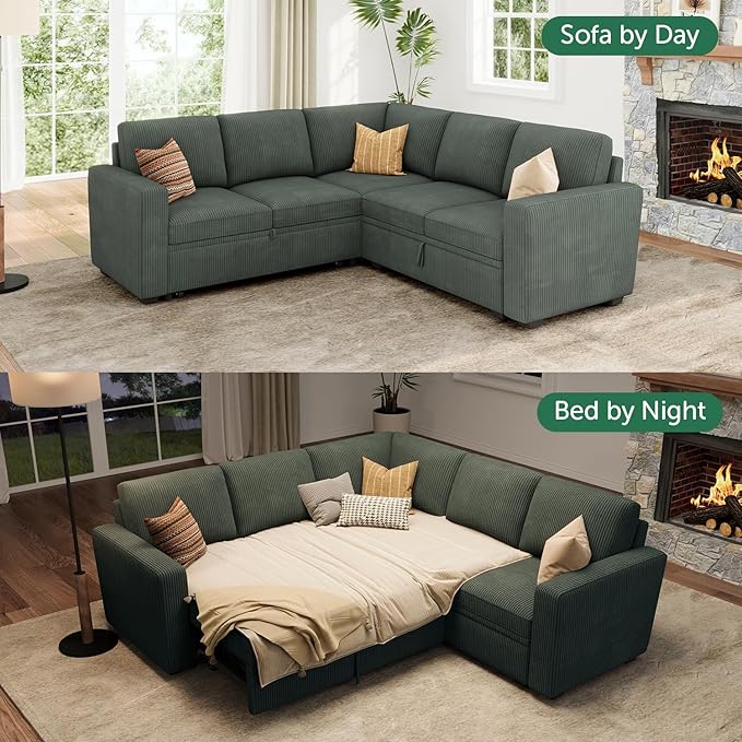 HONBAY Sectional Sleeper Sofa with Pull Out Bed, Corduroy L Shaped Couch with Storage, Modular Sectional Couches for Living Room, Green