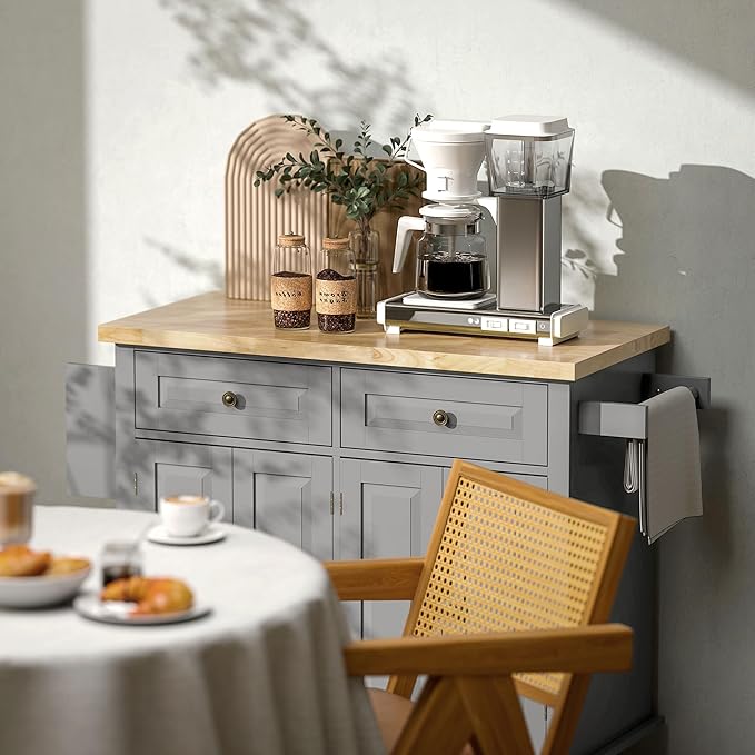 HOMCOM Kitchen Island Cart with Rubber Wood Top, Rolling Kitchen Island Table on Wheels with Drawers, Adjustable Shelves, Spice Rack and Towel Rack for Dining Room, Gray