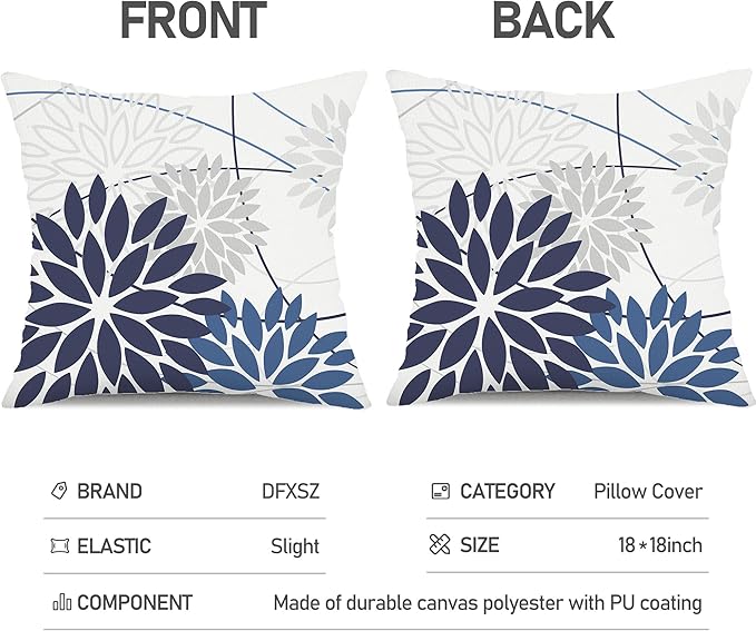 Blue Flower Pillow Covers 18x18 Inch Set of 2 Dark and Light Blue Colored Pillow Farmhouse Outdoor Waterproof Decor for Patio Funiture Garden Summer Floral Polyester Square Cushion Cover 01D18