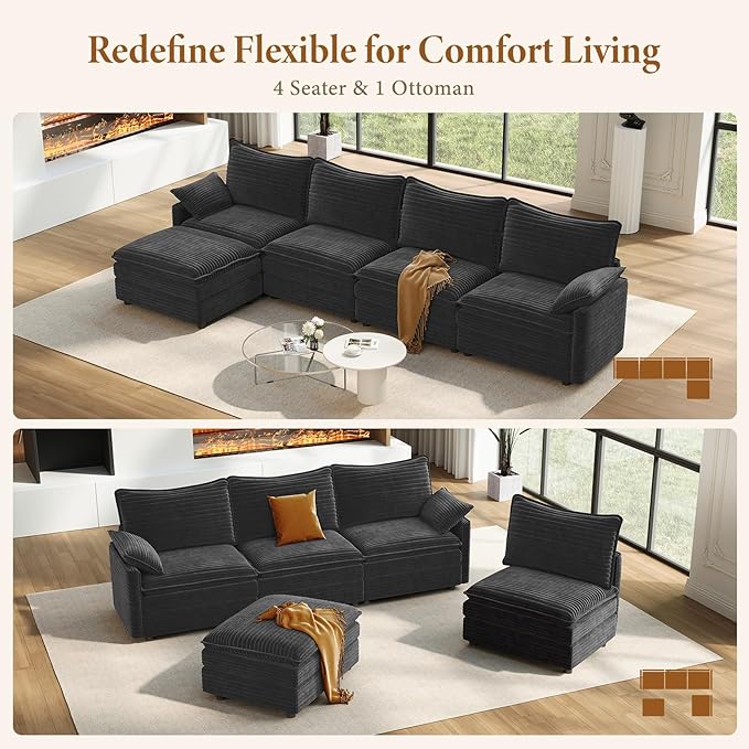 Vesgantti 142" Cloud Couch Sectional Modular Sofa, Comfy Sectional Couch with Ottoman Deep Seat Corduroy L Shaped Sofa, Modular Couches for Living Room, Bedroom and Apartment, Gray