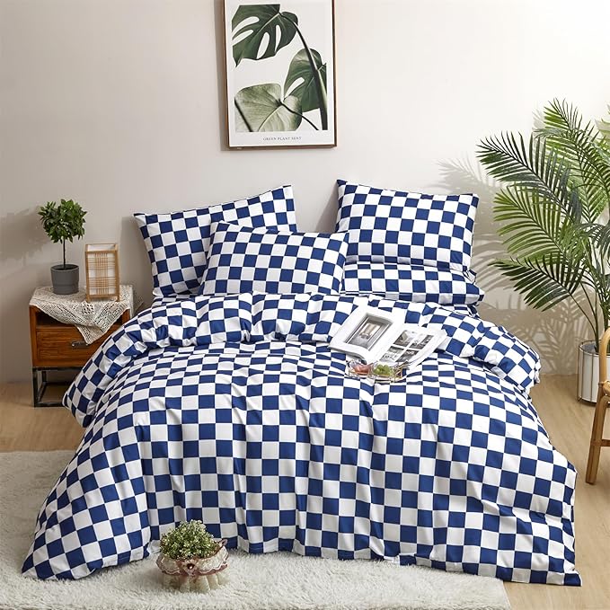 CLOTHKNOW Blue White Plaid Queen Comforter Set 3Pcs Grid Bedding Comforter Sets Checkerboard Comforter Royal Blue White Queen Size Comforter with 2 Pillowcases
