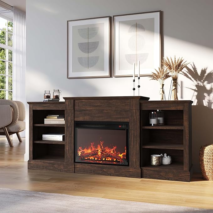 BELLEZE Modern 66" Electric Fireplace Heater Mantel TV Stand & Media Entertainment Center for TVs up to 66" with Energy-Efficient Heater with Sound and Side Shelves - Lenore (Brown)