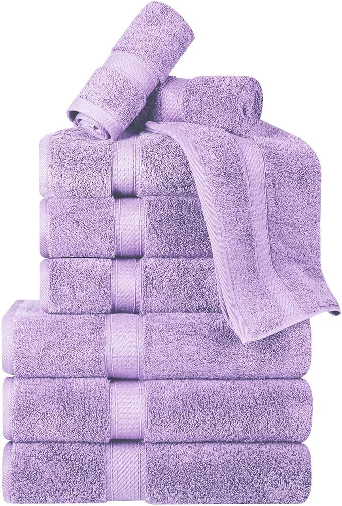 SUPERIOR Egyptian Cotton Pile 9 Piece Towel Set, Includes 3 Bath, 3 Hand, 3 Face Towels/Washcloths, Ultra Soft Luxury Towels, Thick Plush Essentials, Guest Bath, Spa, Hotel Bathroom, Purple