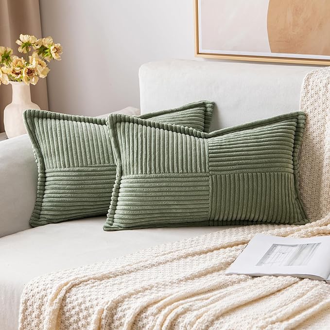 MIULEE Decorative Lumbar Throw Pillow Covers for Couch Bed Livingroom 12x20 Inch Set of 2 Light Olive Green Boho Accent Throw Pllows Broadside Striped Patchwork Soft Corduroy Summer Pillowcases