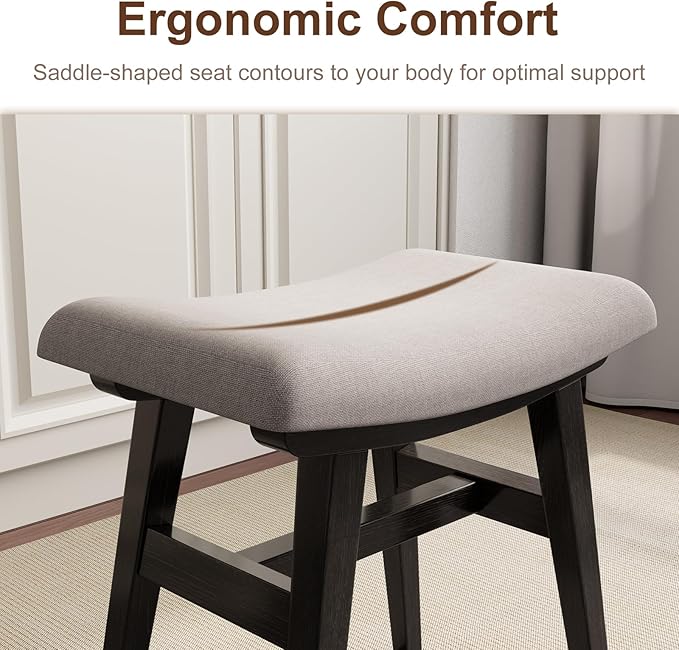 Solid Wood Small Vanity Stool, Compact Makeup Chair with Saddle Cushion, Linen-Covered High Rebound Sponge Seat, Easy Assembly Footstool for Bedroom, Entryway, Home, Black