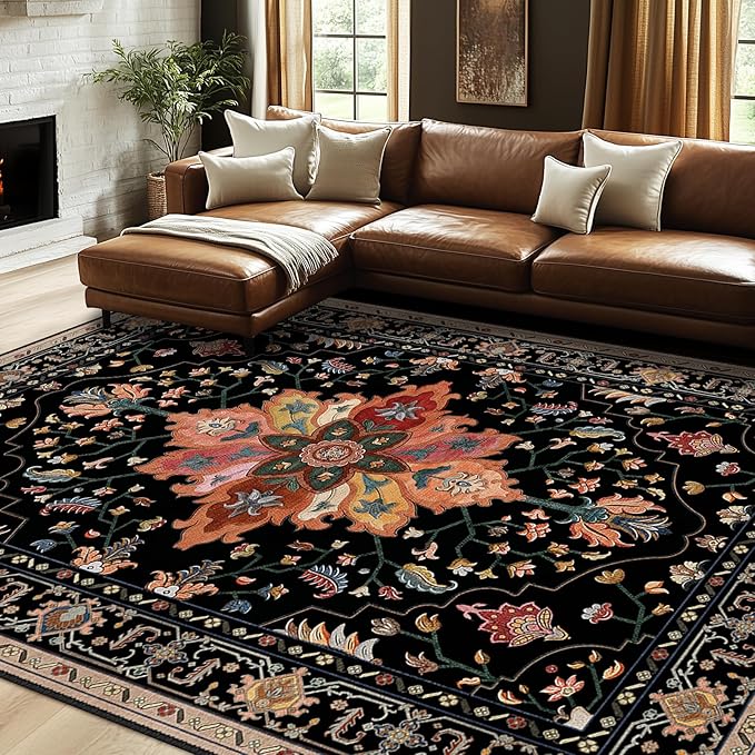 Area Rugs 8'x10' Washable Non-Slip, Floral Vintage Distress Print Pattern Medallion Carpet for Living Room Bedroom Dining Room, Black Colorful Floral Dark Tan