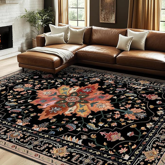 Area Rugs 8'x10' Washable Non-Slip, Floral Vintage Distress Print Pattern Medallion Carpet for Living Room Bedroom Dining Room, Black Colorful Floral Dark Tan