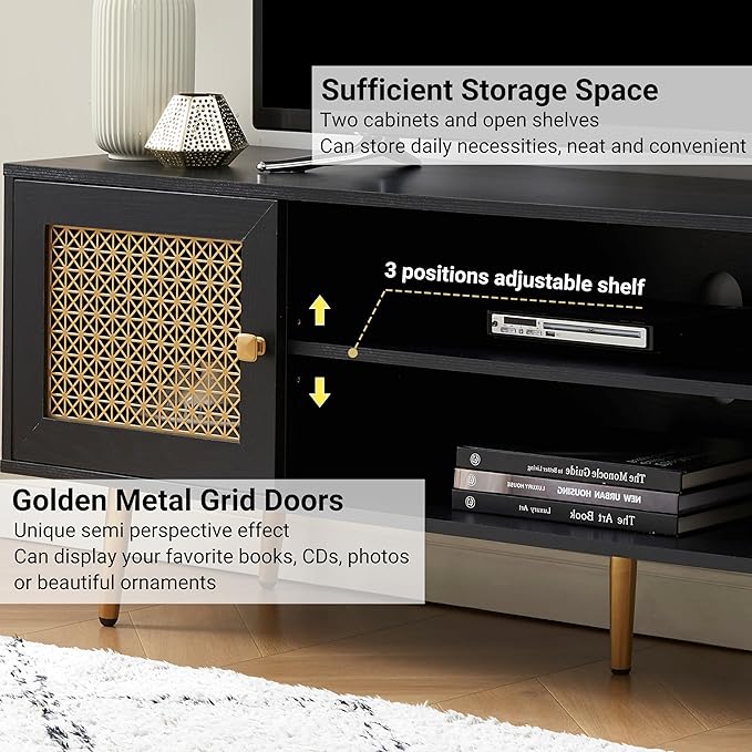 Modern TV Stand with Storage Cabinet for Living Room, Entertainment Center for TVs up to 65", Mid Century Media Console, Black