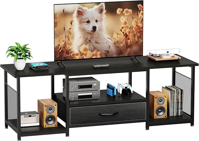 TV Stand with Drawers and Open Storage Shelves for 65 60 55 Inch TV, Entertainment Center with Open Storage Shelves, Industrial Media TV Console Table for Living Room Bedroom Office, Black