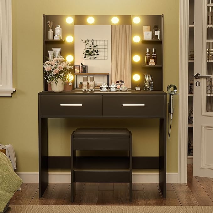 YESHOMY Vanity Desk with Mirror, Makeup Table with 2 Large Drawers, Power Outlet and Round Holder, 3 Color Modes Adjustable Bulb, Bench Included, Pure Black