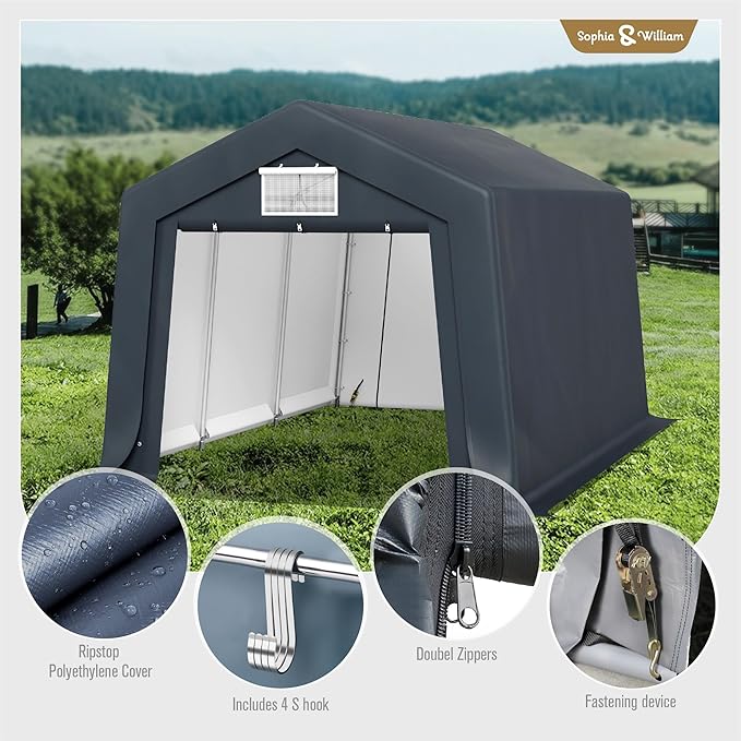 Sophia & William Carport Storage Shed 10x15 ft Portable, Heavy Duty Car Port Canopy Garage Shelter with Sidewalls and Roll Up Doors for Automobile Boat Motorcycle Bike, Gray