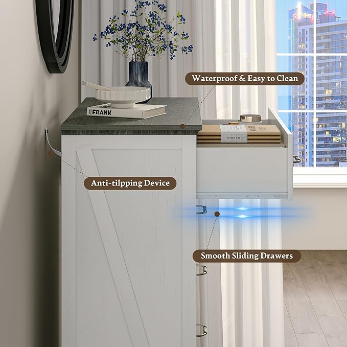 Farmhouse 6 Drawers Dresser for Bedroom, 43" Tall Modern Chest of Drawers with Deep Drawers & Bar Handles, Rustic Wood Dresser TV Stand, Wooden Closet Storage Organizer for Living Room, Hallway, White