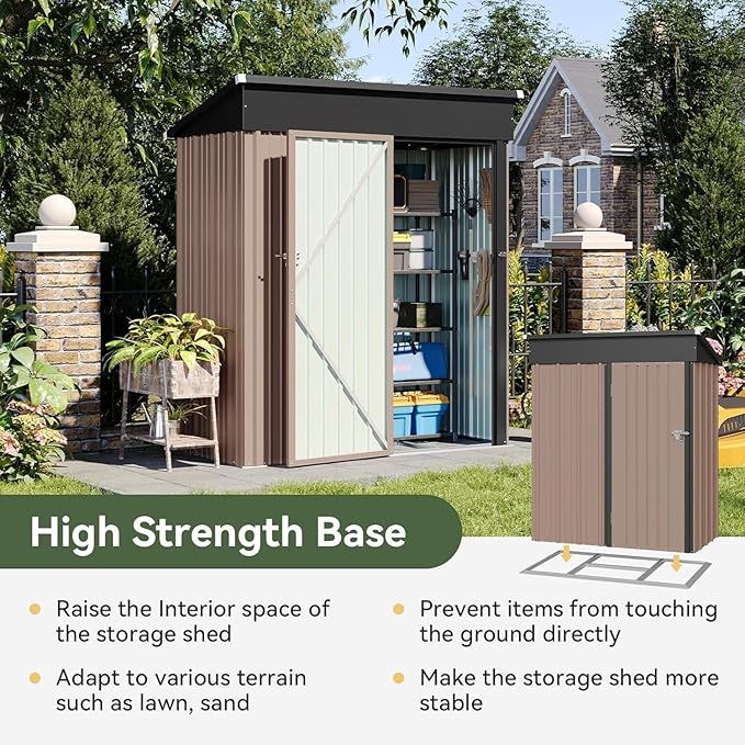 Aoxun 5x3 ft Galvanized Metal Outdoor Storage Shed with Base Slanted Roof Tool House with Stainless Latch & Base Frame Durable Weather-Resistant Garden Shed for Patio, Brown