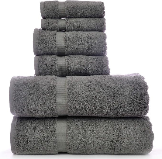 Luxury Hotel & Spa Collection, Quick Dry 100% Turkish Cotton, 700 GSM, Eco Friendly Towel, Bathroom and Kitchen Dobby Border Towels, 2-Bath Towel, 2-Hand Towel, 2-Washcloth (Bundle Set of 6, Gray)