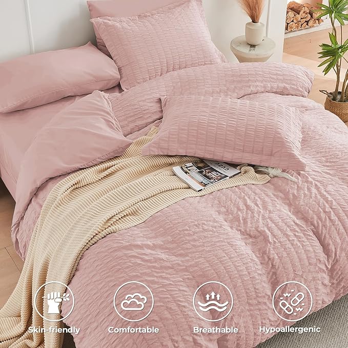 HYMOKEGE Rose Gold King Size Comforter Set Seersucker 7 Pieces, All Season Luxury Bed in a Bag for Bedroom, Bedding Set with Comforters, Sheets, Pillowcases & Shams