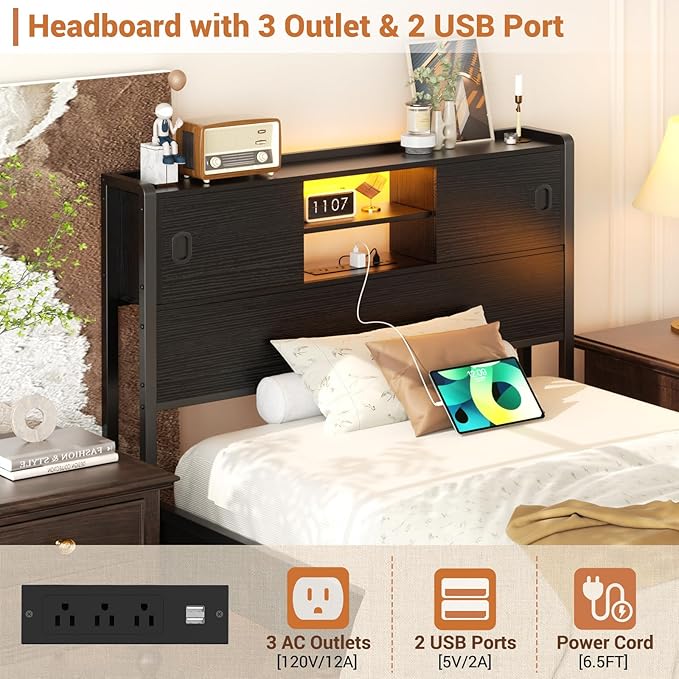 Homieasy Headboard for Twin Size Bed with Storage, Sturdy Bookcase Headboards with Outlet, USB & LED Light, Twin Size Headboard Only, Head Board with Sliding Doors & Bed Adapter for Bedroom, Black