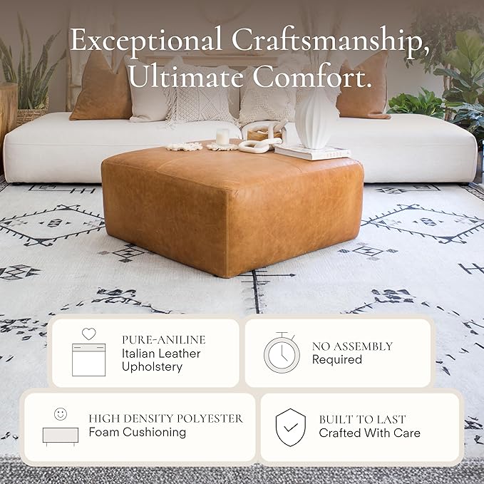 Poly & Bark Sequoia Ottoman – 35” Square Pouf with Feather-Down Topper – Full-Grain Leather Upholstered Pouf Ottoman for Living Room – Vintage Italian Leather in Cognac Tan