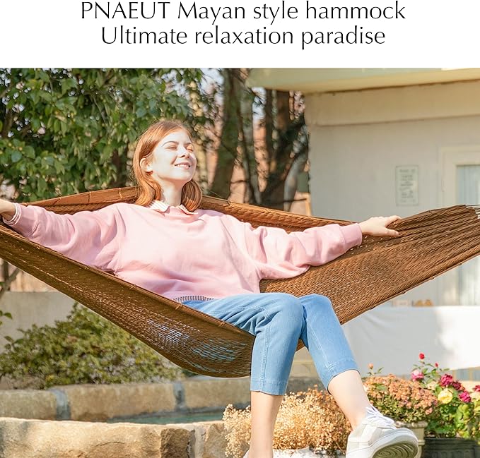 PNAEUT Mayan Hammock, Handwoven XL Thick Soft Rope Hammocks for Outdoor Indoor, Max 600 lbs Capacity, Tree Straps & Carabiners Included (Desert)