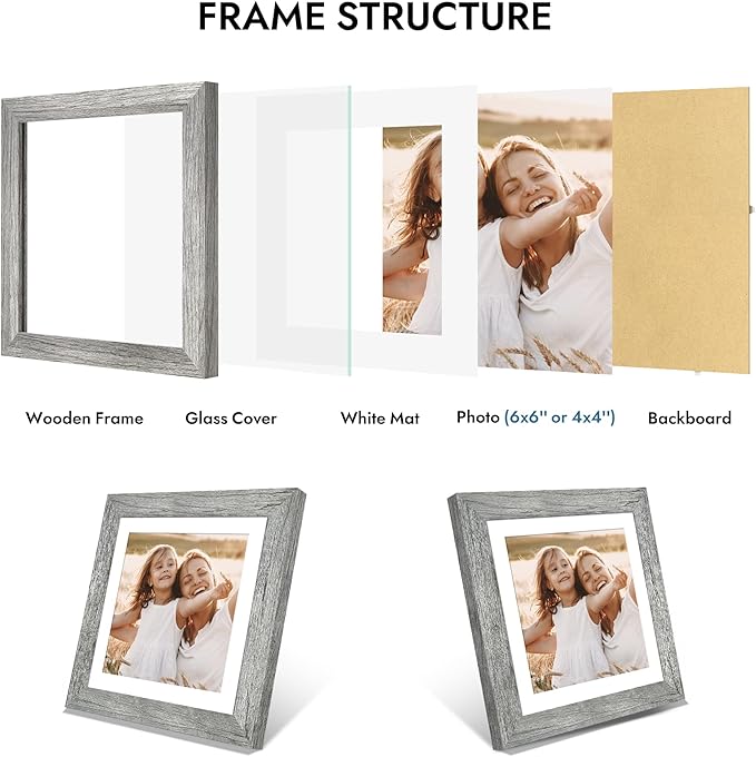 6x6 Picture Frame with Glass, Display Pictures 4x4 with Mat or 6 x 6 without Mat - Wall and Tabletop, 6 by 6 Photo Wooden Frames (Grey, 1 Pack)
