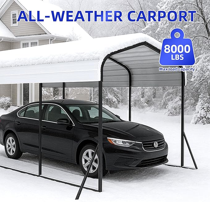 10x15 Metal Carport with Base Fixings Heavy Duty Garage Outdoor Chrome Plated Frame and Sheet Metal Construction Suitable for Boats, Cars, Tractors and Agricultural Equipment, White