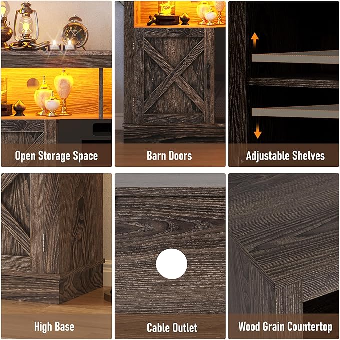 Farmhouse TV Stand with 36" Fireplace for 80" TV, 70" Entertainment Center with Barn Doors and LED Light, Tall Fireplace TV Stands for Living Room, Grey