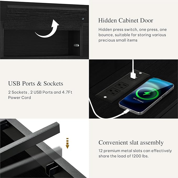 YITAHOME Queen Size Bed Frame with Bookcase Headboard and 4 Storage Drawers, RGB LED Bed Frame with Type-C & USB Charging Station Storage Headboard Bed, No Box Spring Needed, Noise Free, Black