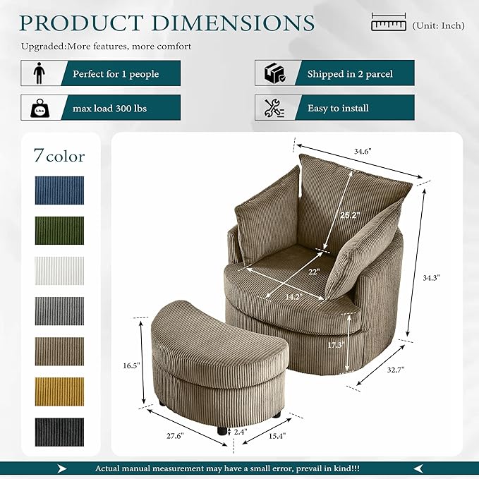 Swivel Accent Chair with Ottoman Comfy Reading Chairs for Bedroom Modern Corduroy Arm Chair 360°Swivel Barrel Chairs for Living Room,Apartment (Brown, 1)