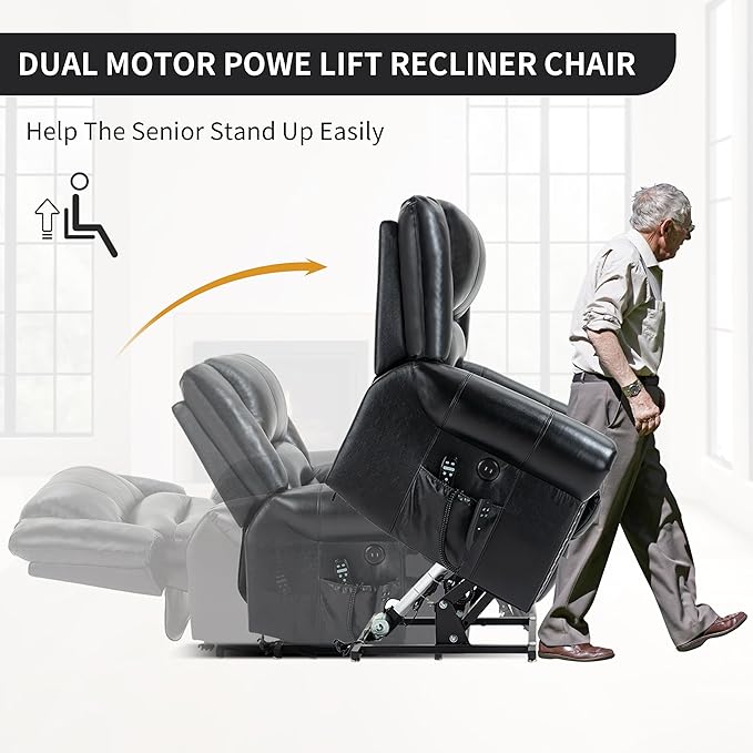 Dual Motor Power Lift Chair, Lay Flat Recliner Chair, Electric Recliner with Massage and Heat for Elderly, Remote Control, Infinite Position, Standing Assistance, USB Ports, Genuine Leather, Black
