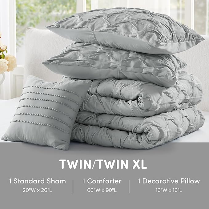 Comfort Spaces Twin/Twin XL Comforter Set for College Ogee Ruched Crinkle Texture Breathable Comforter Set Twin Dorm All Season Lightweight Bedding Set Shabby Chic Décor Pilow Grey 3 Piece